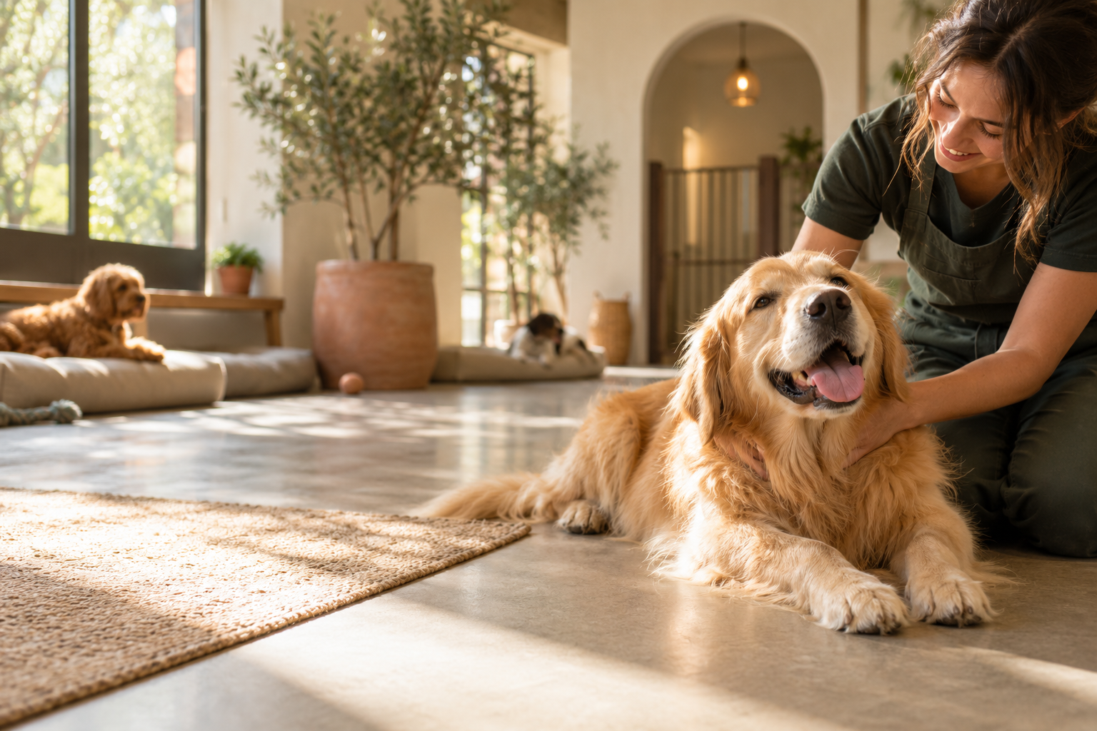 A happy golden retriever enjoying a calm, sunlit day at PawCare